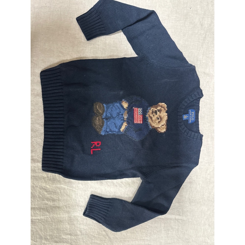 Polo Ralph Lauren Boys Polo Bear Cotton Sweater Navy Blue Size 5 Flag Bear